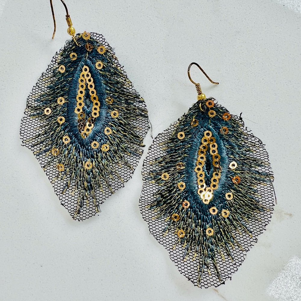 Teal and Gold Lace Feather Drop Earrings